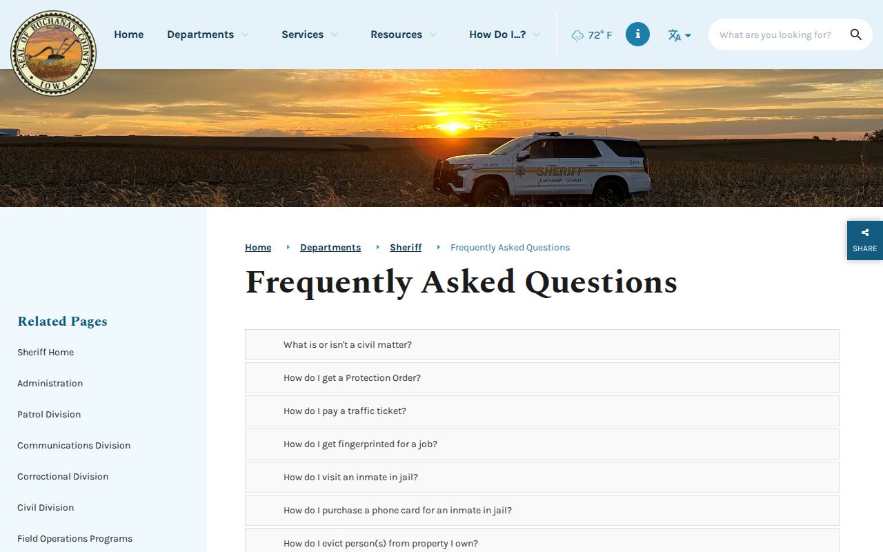 Buchanan County Sheriff FAQ showing jail and court contact routing