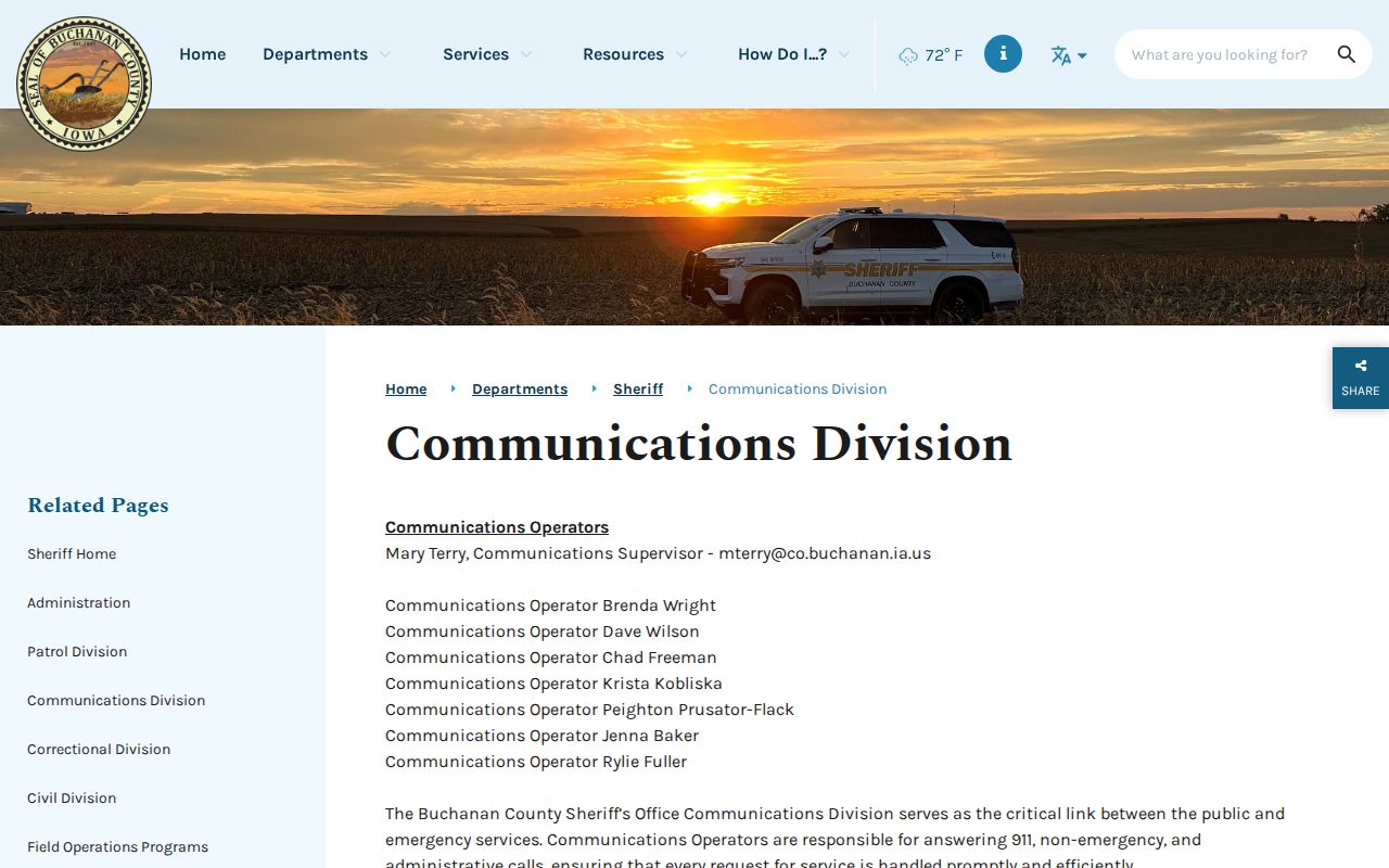 Buchanan County Communications page listing Fairbank among dispatched agencies