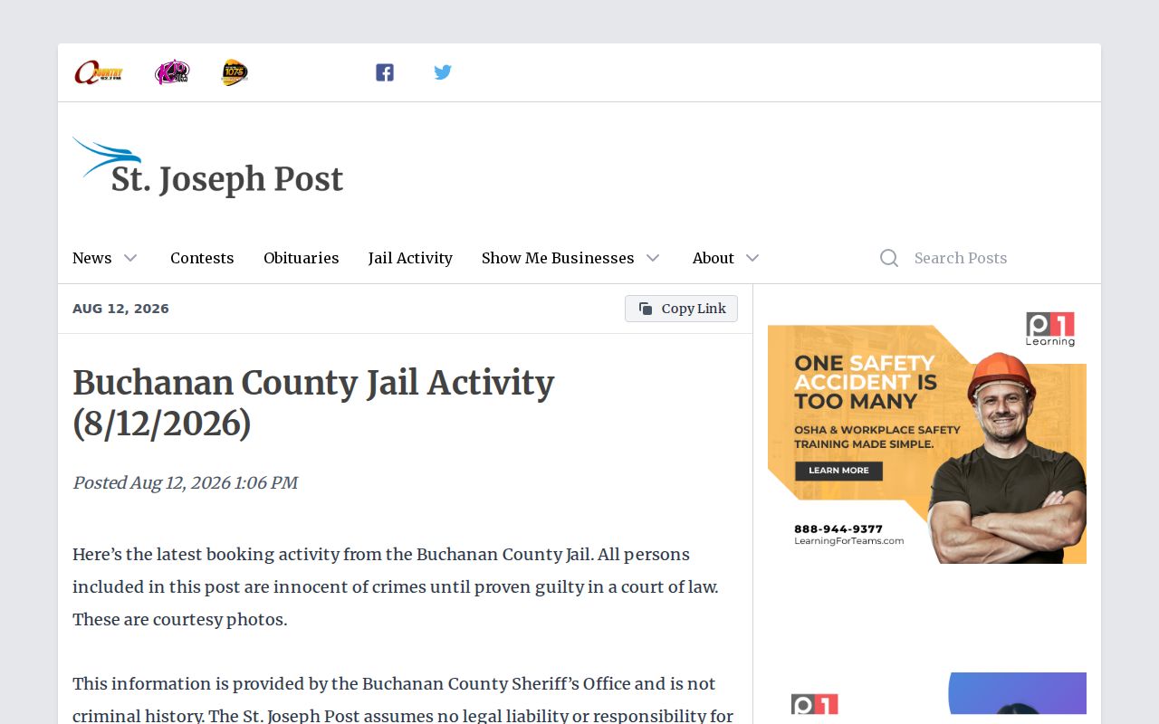 St. Joseph Post Buchanan County jail activity batch with date-based card format