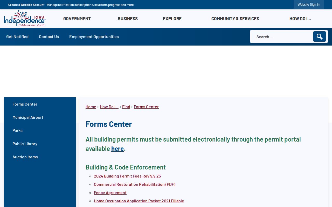 Independence city Forms Center with police statement and report-related forms